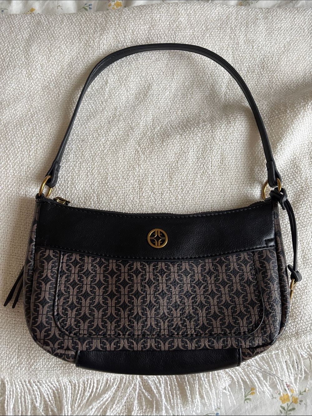 Fossil Black and Brown Logo-Print Shoulder Bag with Gold Accent